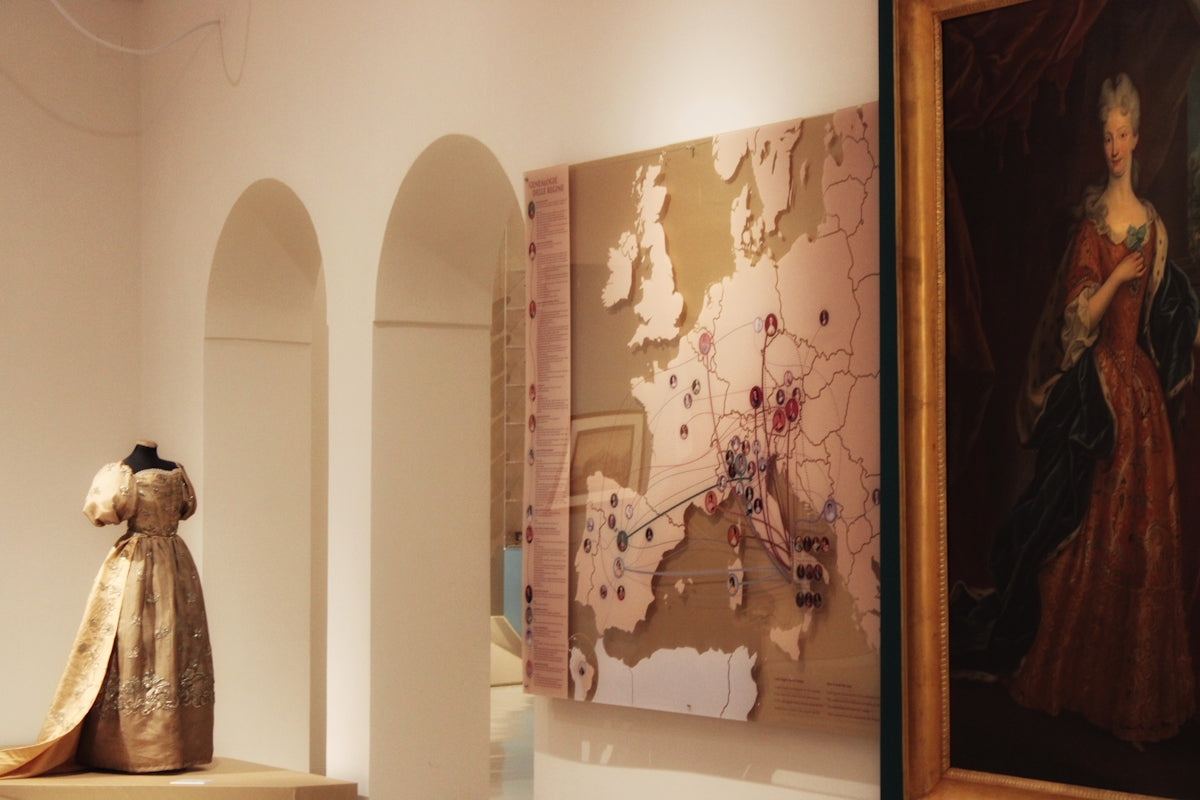 Museum display with historical dress and european map