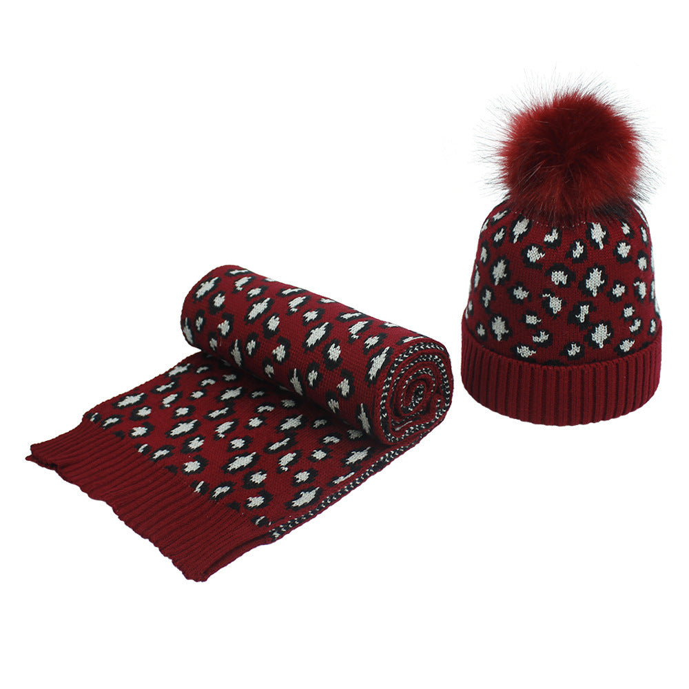 Frauen Herbst und Winter Leopard Print Haar Ball Hut Schal Set