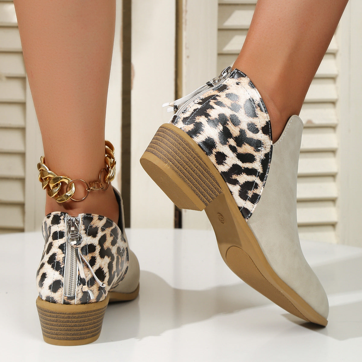 Mode Leopard Print Stiefel Frauen Pointed Toe Chunky Heel zurück Reißverschluss Schuhe