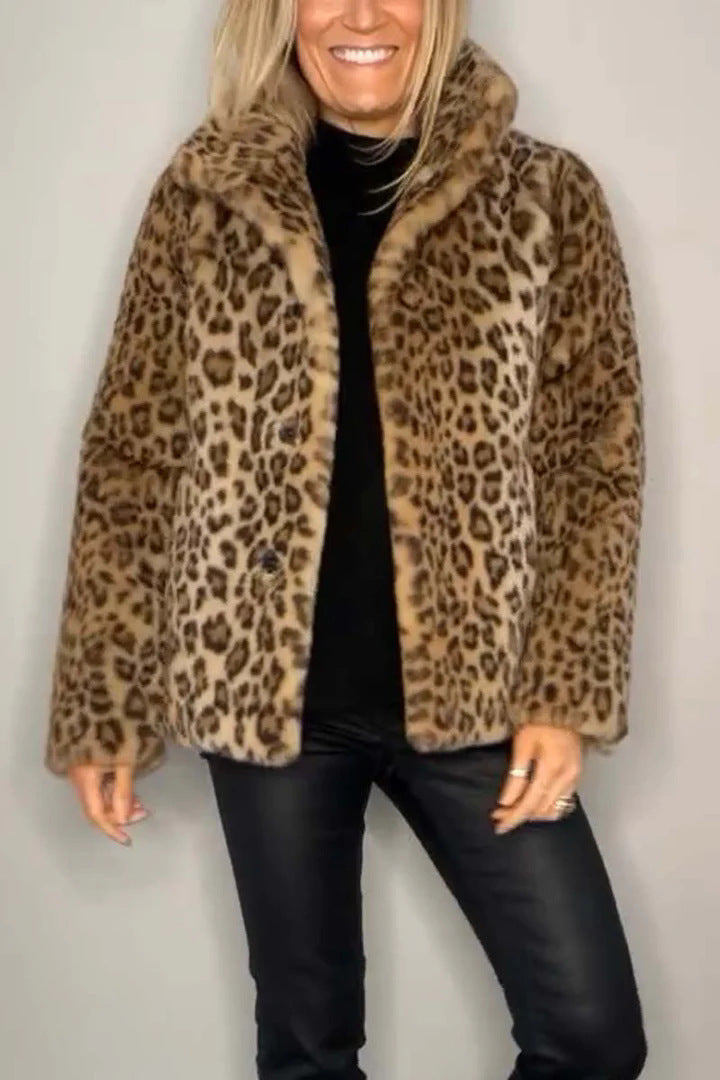 Winter New Warm Women's Fashionable Leopard Print Lapel Faux Leather Woolen Top