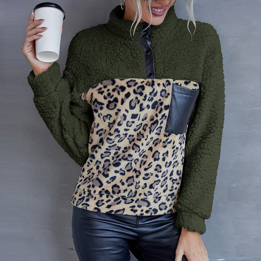 Plush Leopard Print Color Block Casual Sweater Lamb Wool