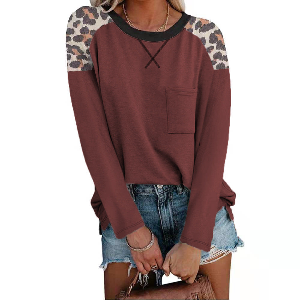 Autumn And Winter New Round Neck Leopard Print Stitching Pocket T-shirt Long Sleeves