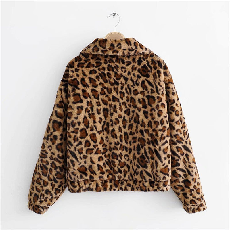 Vintage Leopard Print Lapel Zipper Slim Fit Faux Fur Cotton Jacket