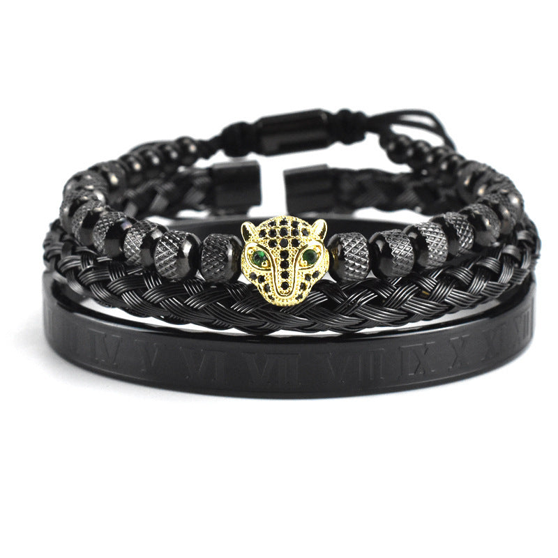 Europäisch und Amerikanisch Antik Leopard Kopf Mesh Woven Armband Edelstahl Römische Zahl Fried Dough Twist Armband