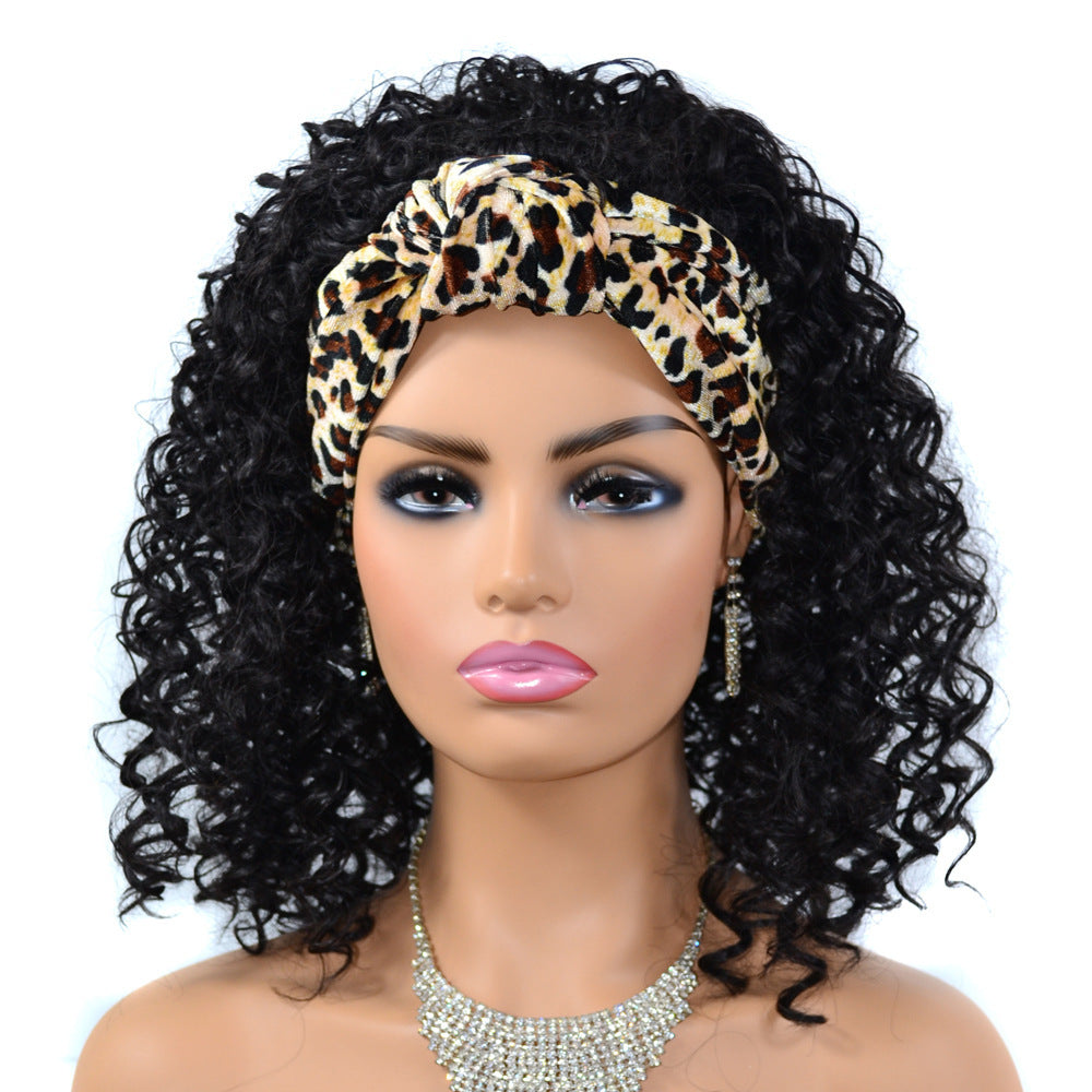 Leopard Print Stirnband Bandana Perücke Kopfbedeckung Mittellang Tief lockig Perücke Kopfbedeckung