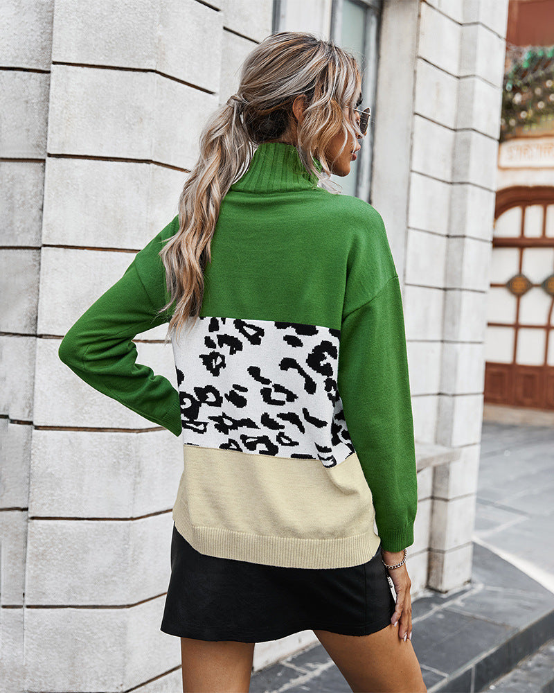 Women's Contrast Color Leopard Print Turtleneck Sweater