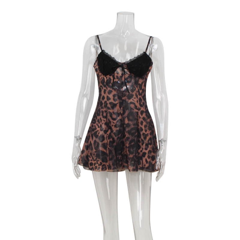 Leopard Print Strappy Low-cut Lace Stitching Dress for Her
