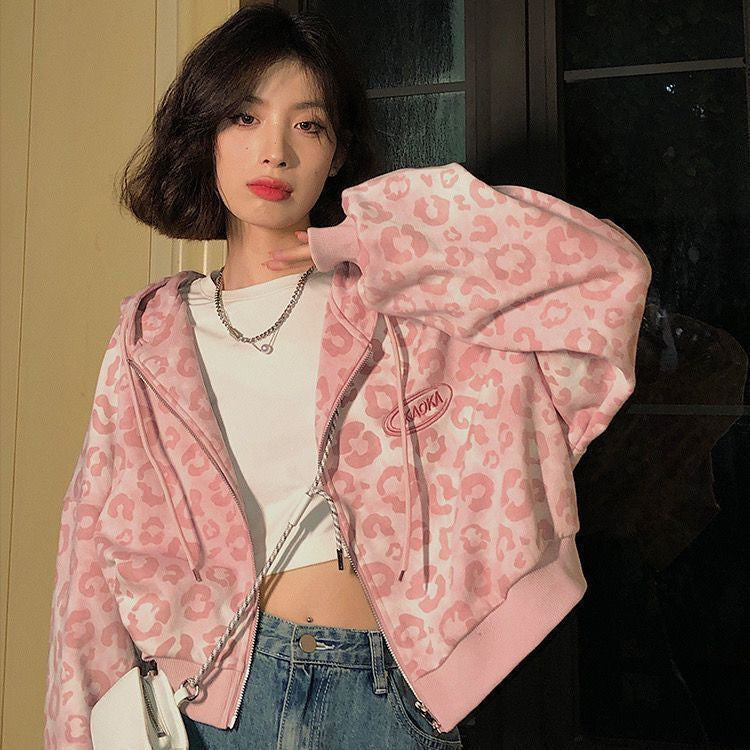Pink Leopard Print Short Cardigan Jacket For Women Spring And Autumn New Loose Hong Kong Style Retro Hooded Sweatshirt