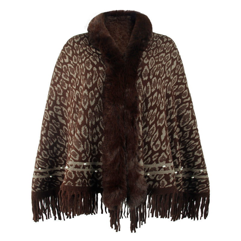 Women's Fringed Warm Leopard Print Fur Collar Coat