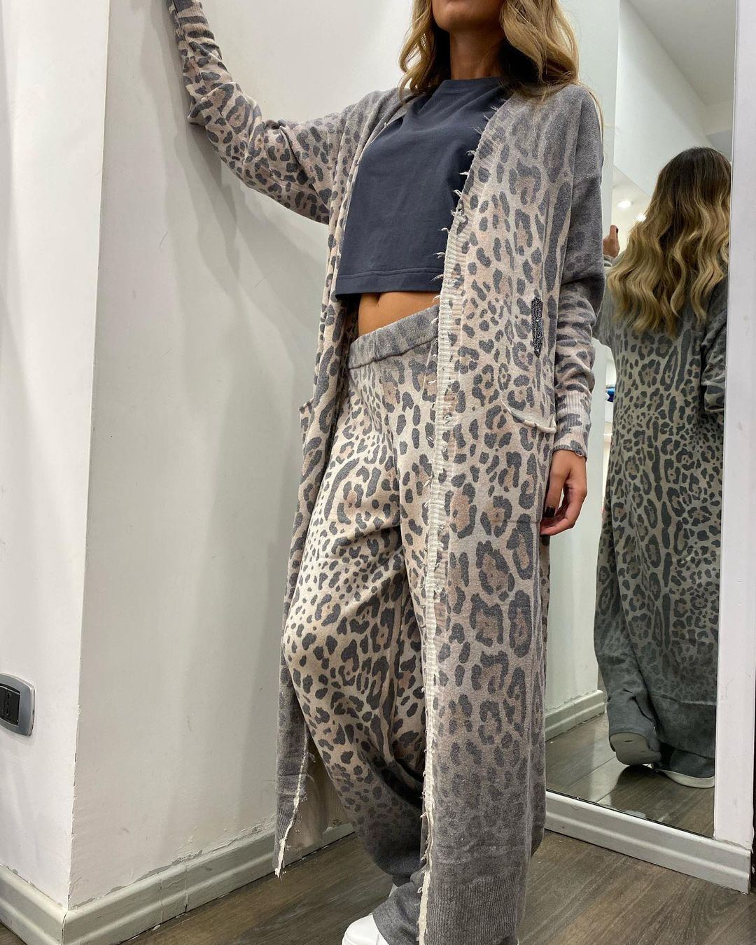 Leopard Print Langarm Strickjacke Jacke Hose Anzug Frauen