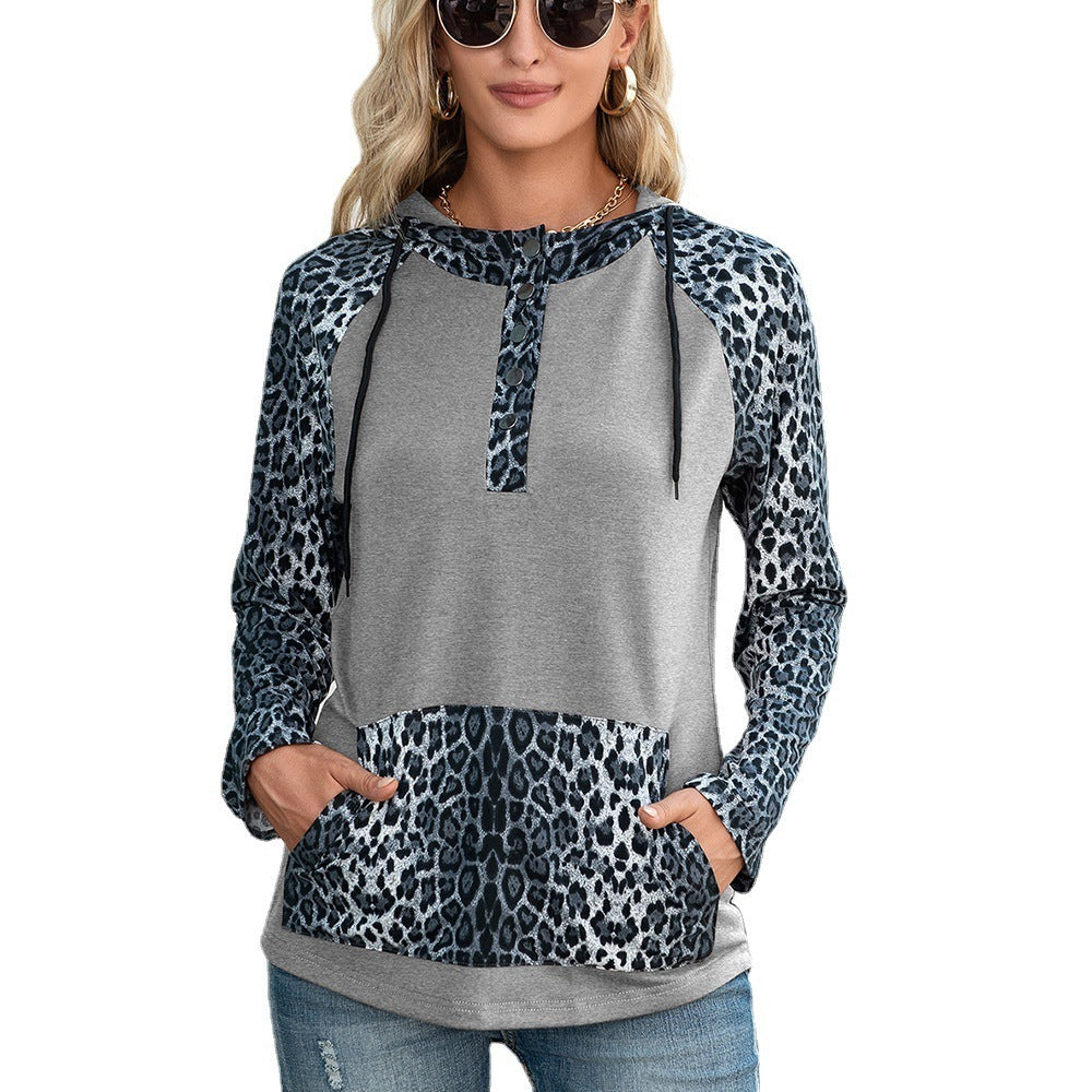Leopard Print Patchwork Contrast Color Hooded Long Sleeve Sweater Top Women