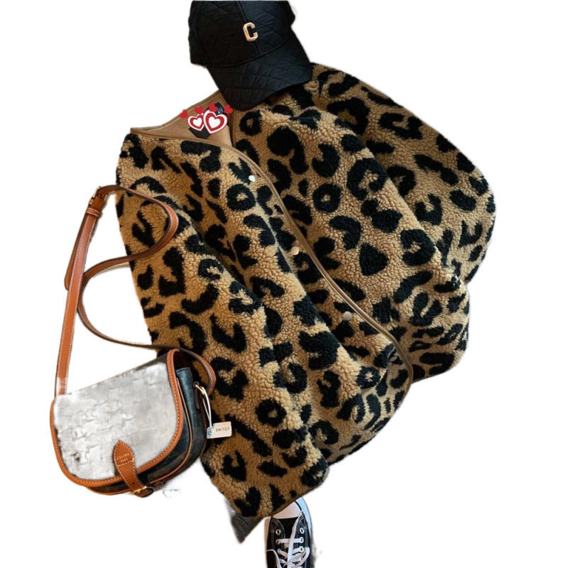 Casual Leather Leopard Print Coat Top