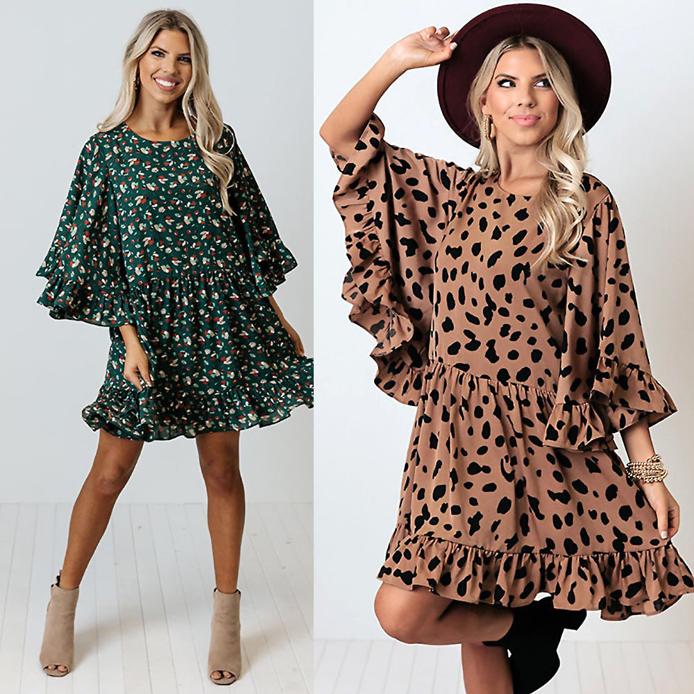 Damenmode Leopard Print Batwing Langärmeliges Kleid mit Nähten
