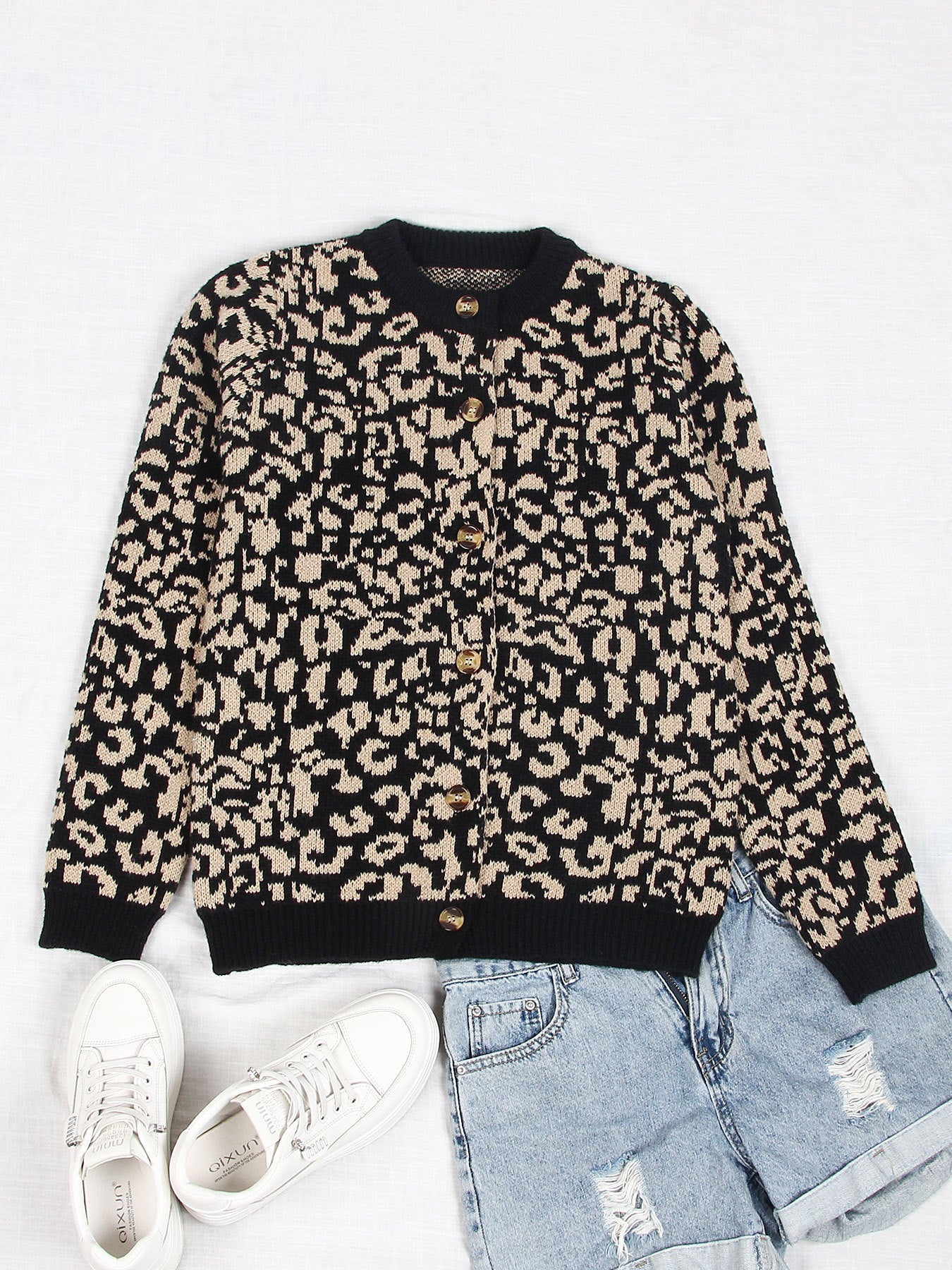 Knitted Round Neck Long Sleeve Leopard-print Sweater Cardigan