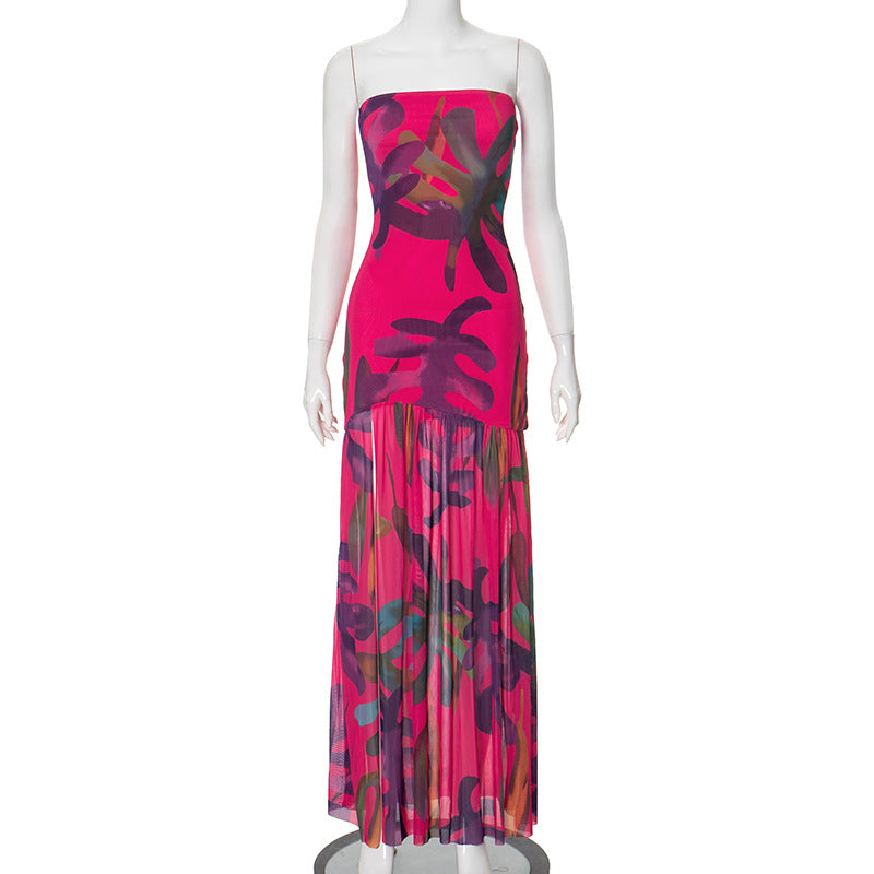 ube Top Leopard Print Split Mesh Stitching Dress for Her
