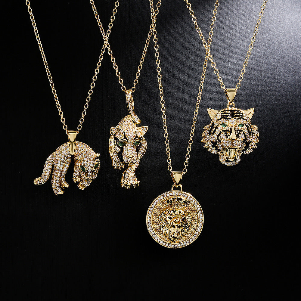 Hip Hop Tiger Leopard Löwe Anhänger Kupfer 18K Gold Zirkon Tier Halskette