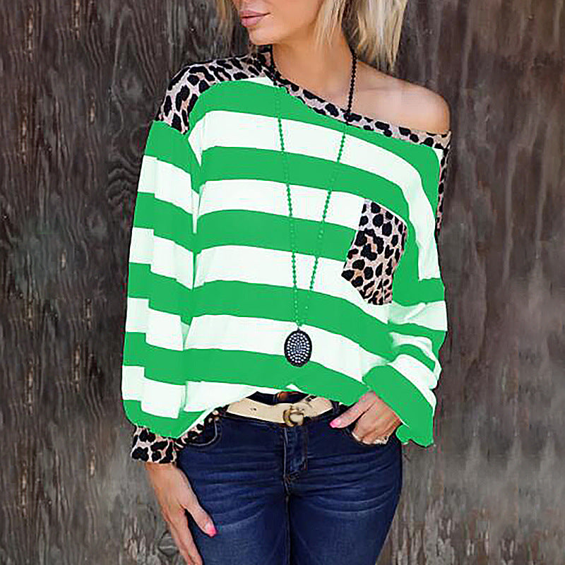 Printed Long Sleeve Stitching Leopard Print Pocket Loose Top
