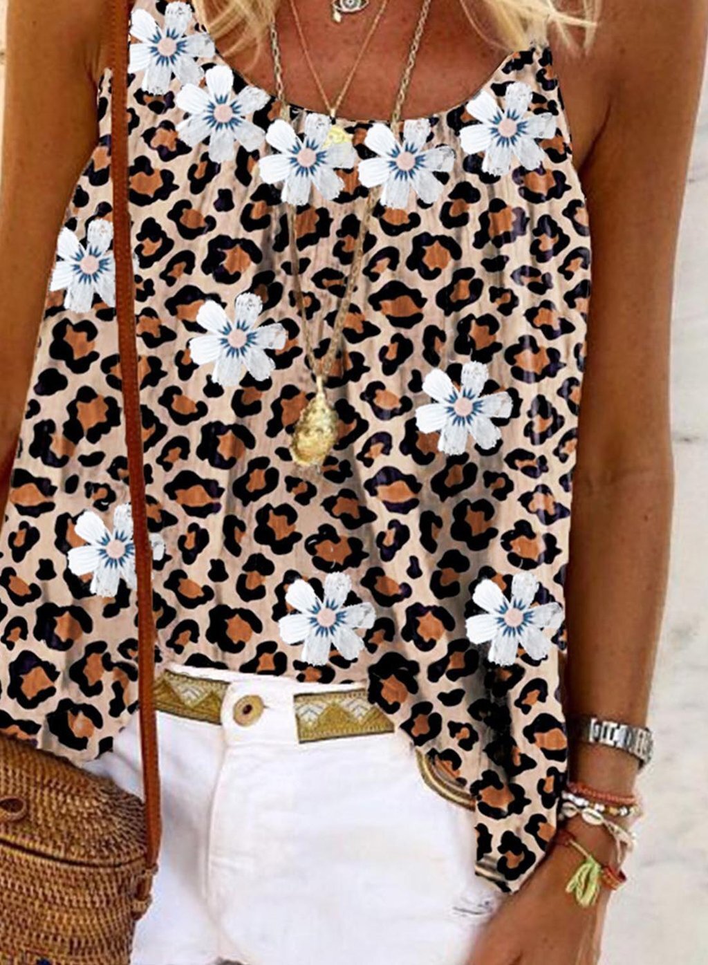 Ladies Popular Flower Leopard Print Sling Shirt
