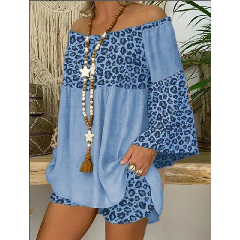Damenmode Leopard Print Patchwork Lose Baumwolle Leinen Anzug
