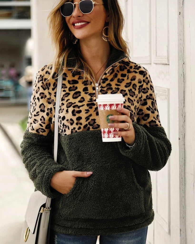 Long sleeve sweater leopard stitching top