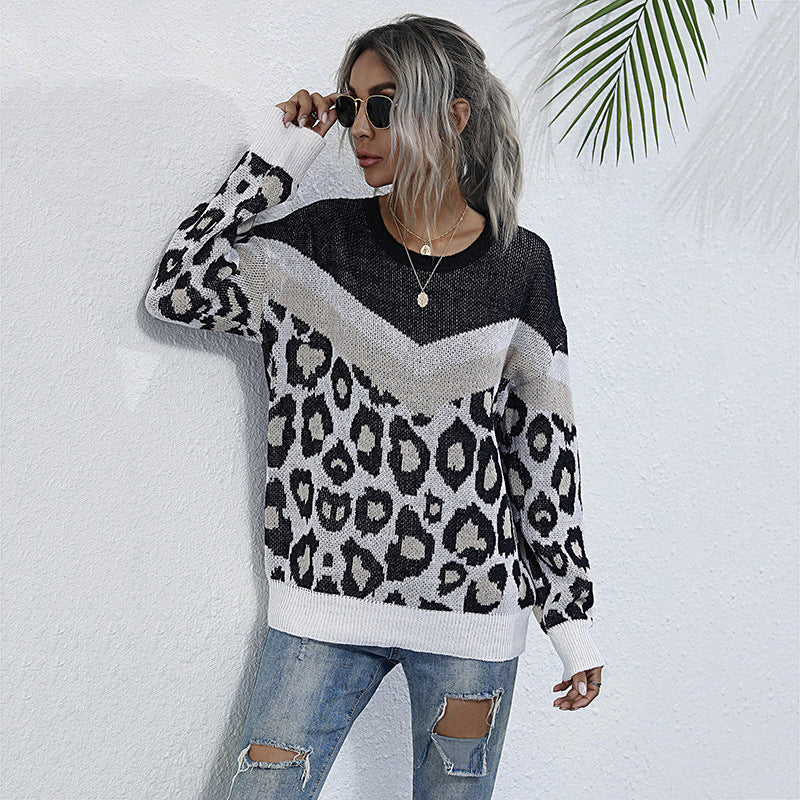 Leopard Print Stitching Loose Round Neck Knitted Sweater Women'S Pullover
