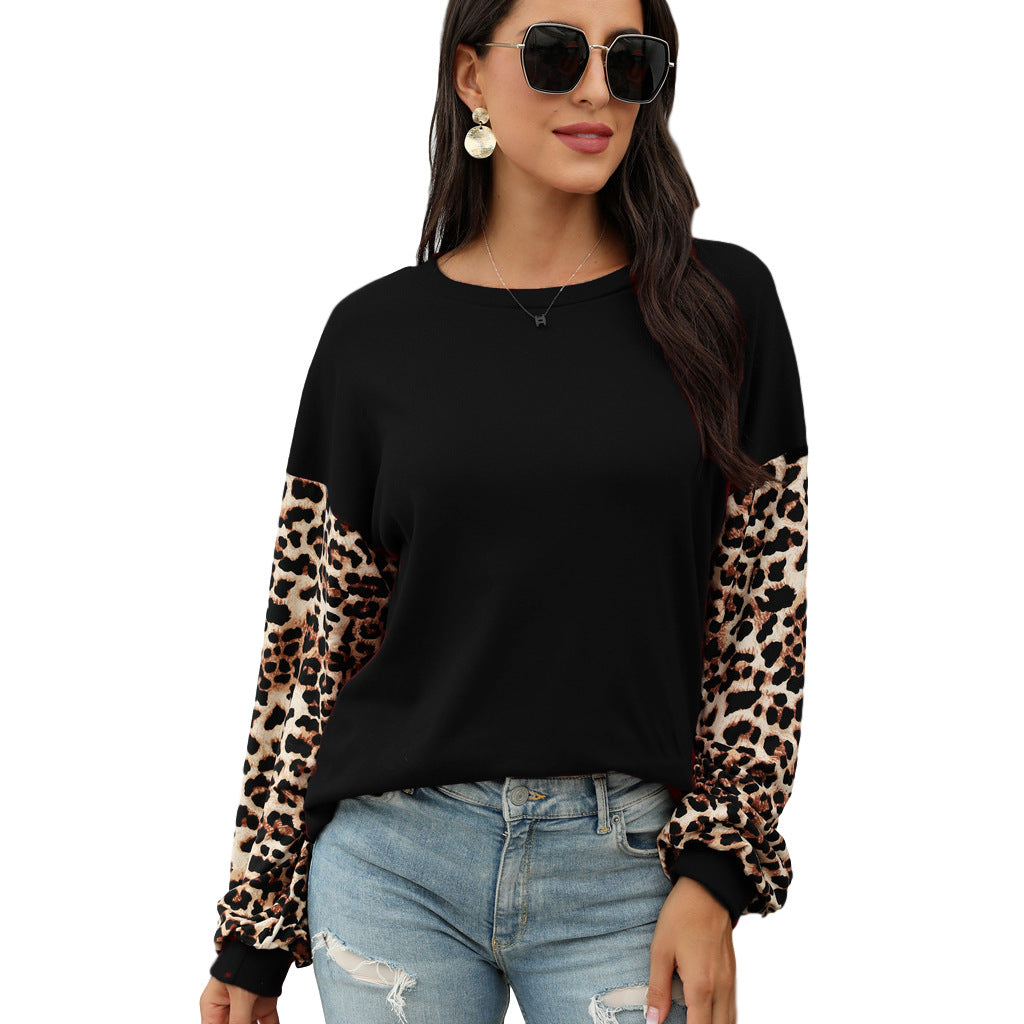 Rundhalsausschnitt Leopard Print Nähte T-Shirt Sweatshirt