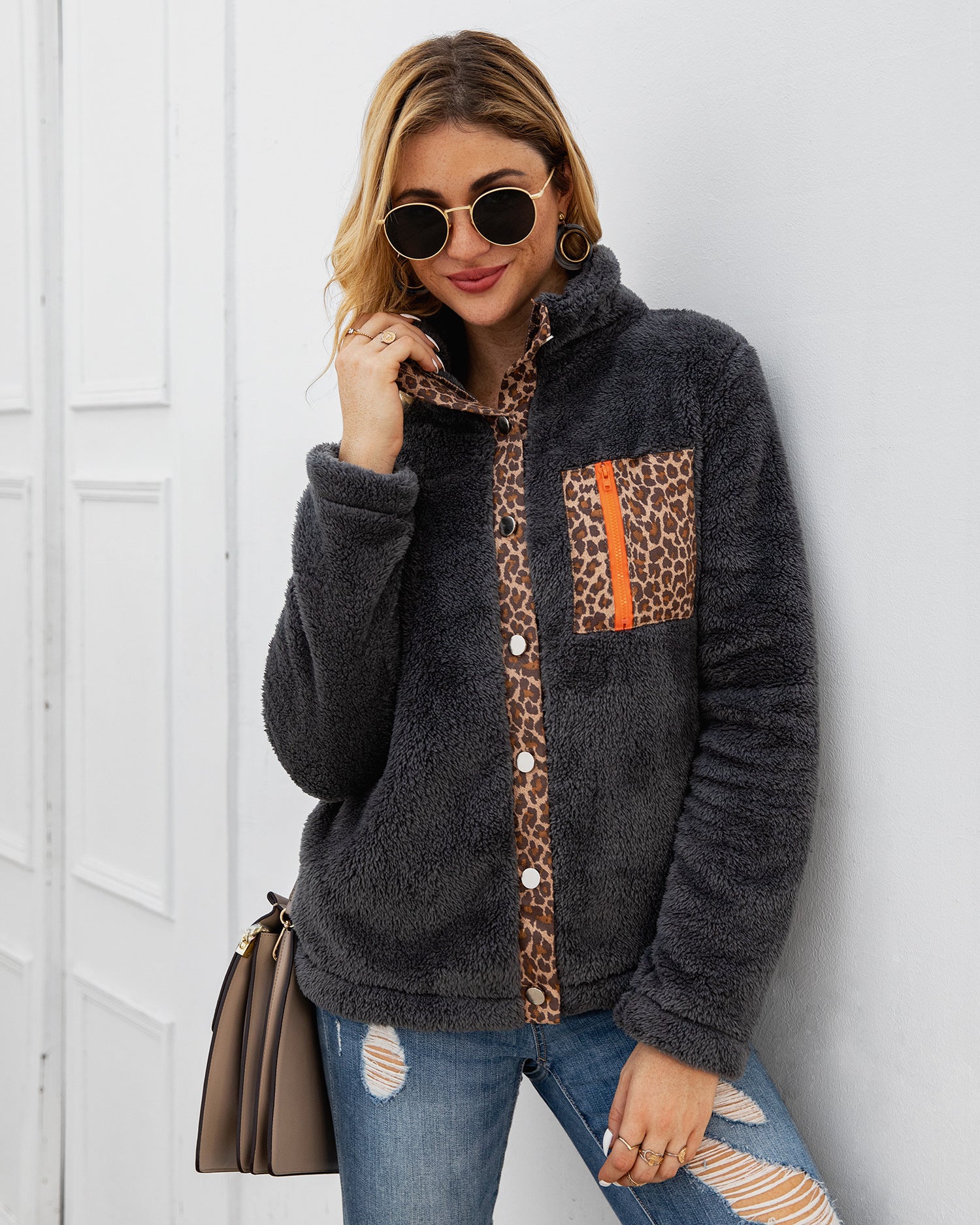 Leopard zipper plush coat