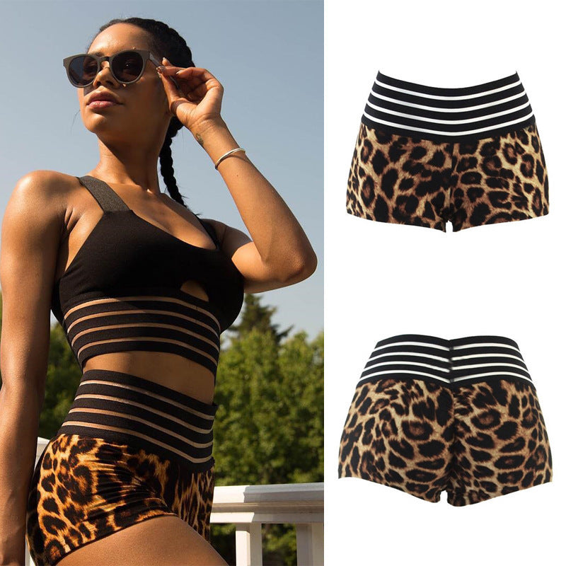 Leopard print stitching striped sport shorts
