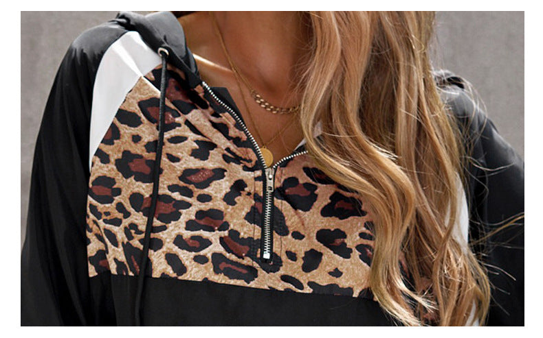Women's Leopard Print Contrast Stitching Zipper Hooded Casual Ladies Sweater