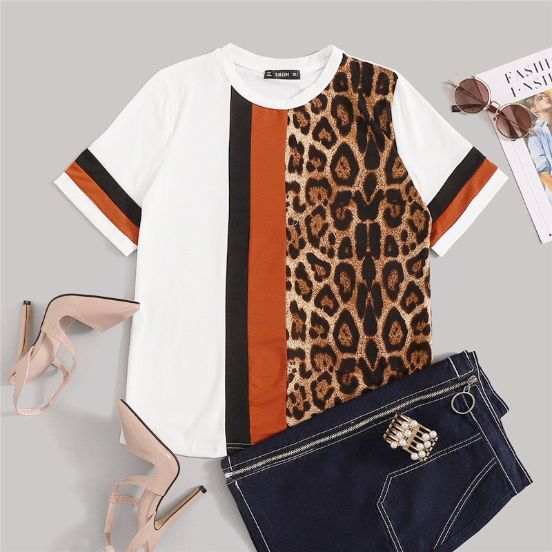 Weiße Farbe Block Cut-and-Sew Leopard Panel Top Kurzarm O-Ausschnitt Casual T Shirt Frauen Sommer Freizeit Tshirt Tops