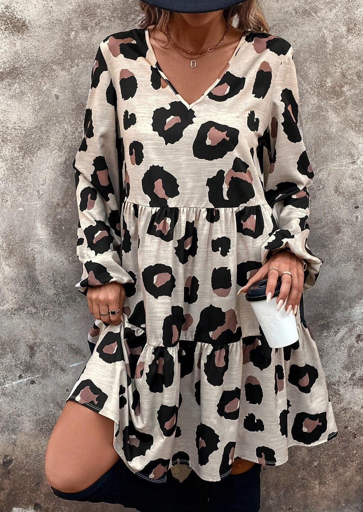 Langärmeliges Kleid mit Leopardenmuster für Frauen