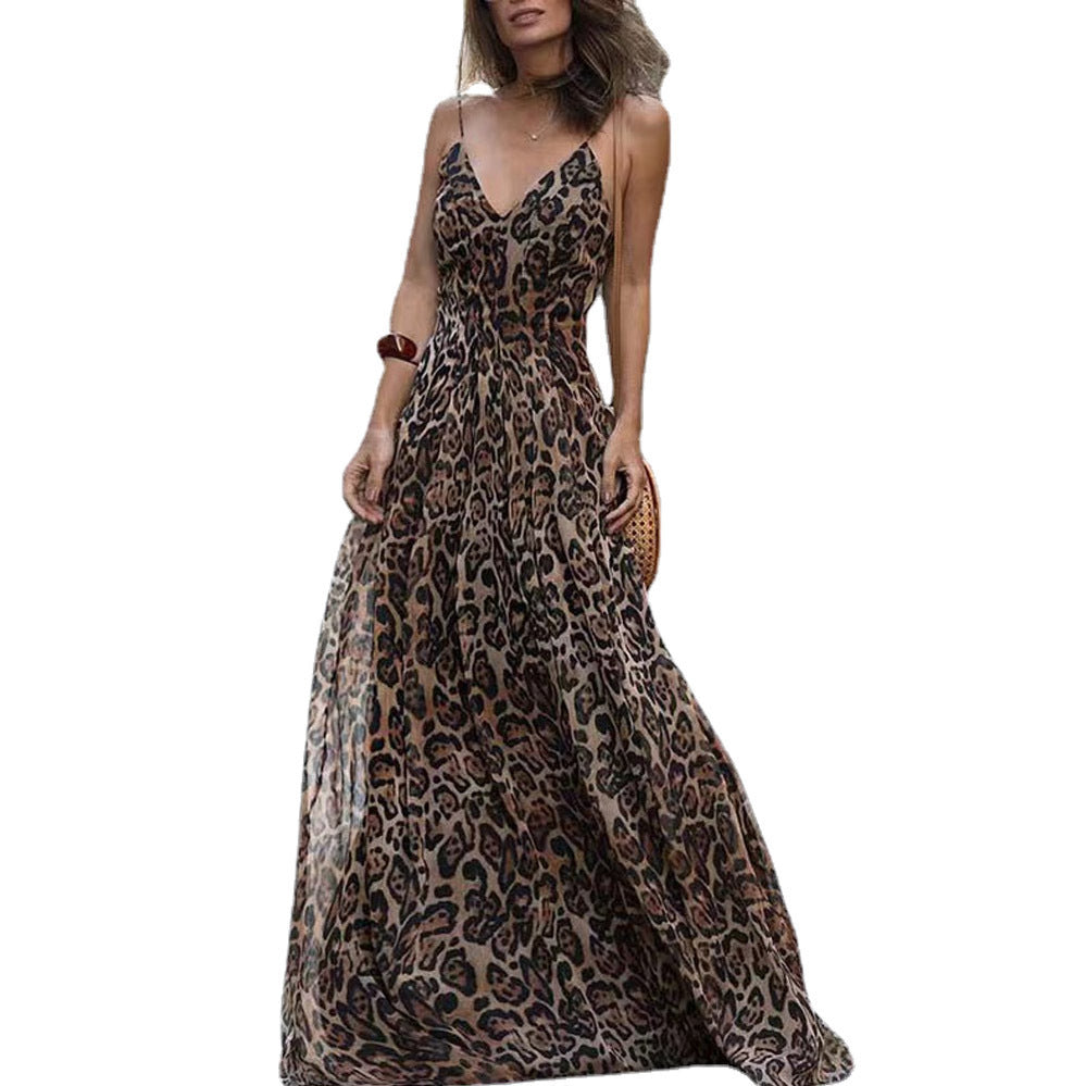 New Style Women's European And American Fashion Leopard Print V-neck Backless Dress With Suspenders