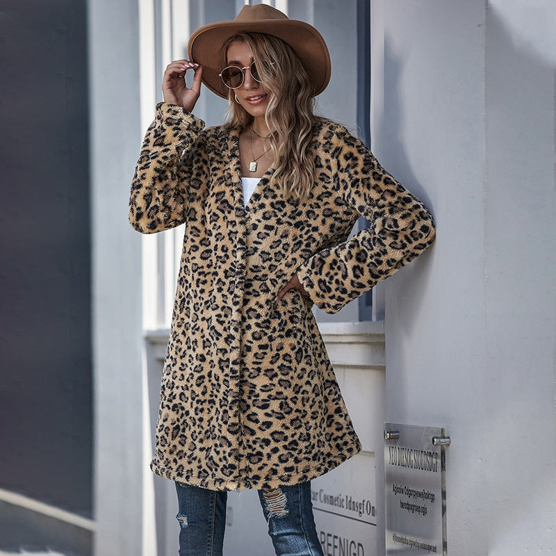 Ladies Leopard Print Open-front id-length coat