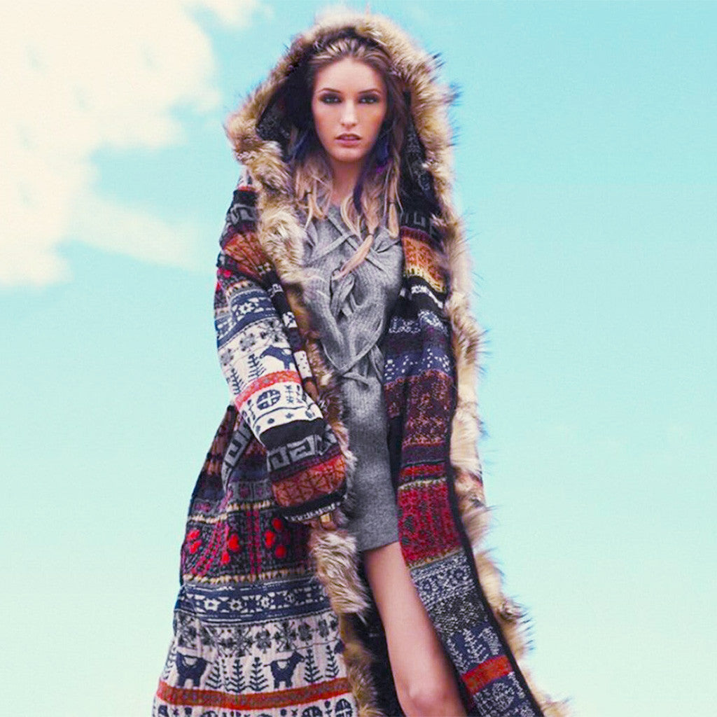 Real Leopard Fur Collar Printed Long Sleeve Ladies Long Trench Coat