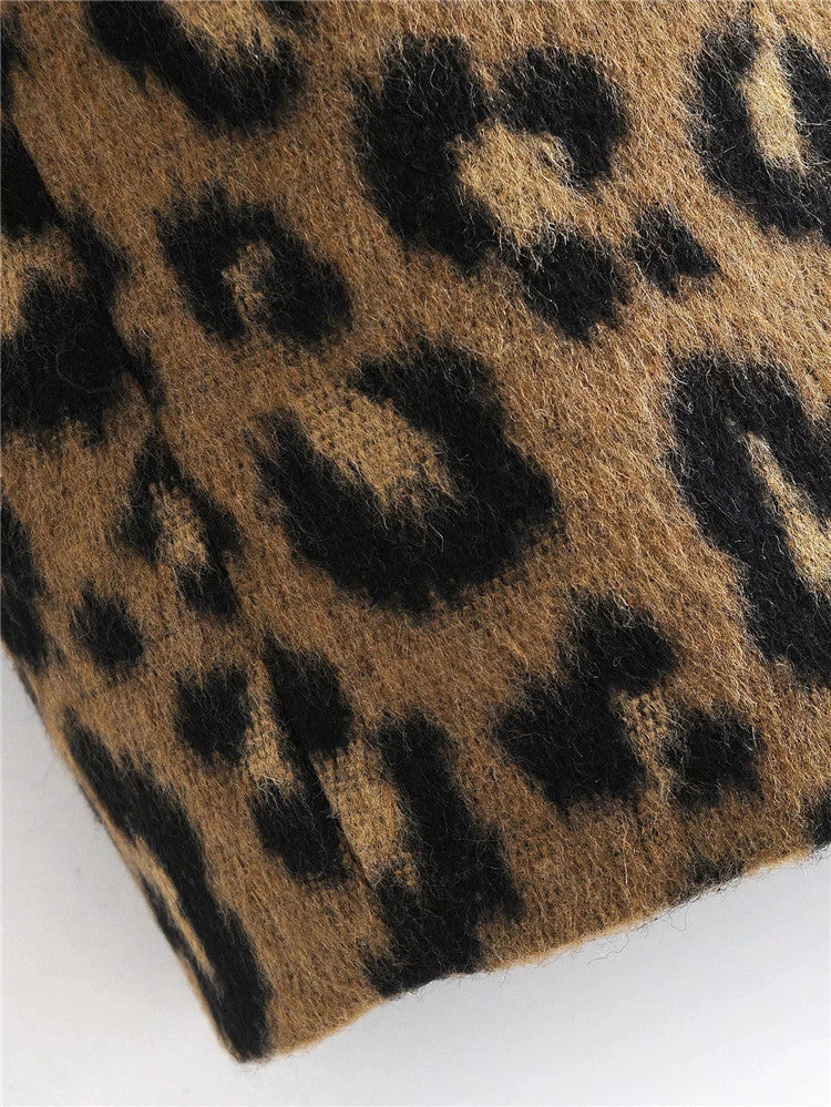 Sexy leopard print European and American style casual simple mid-length woolen jacket