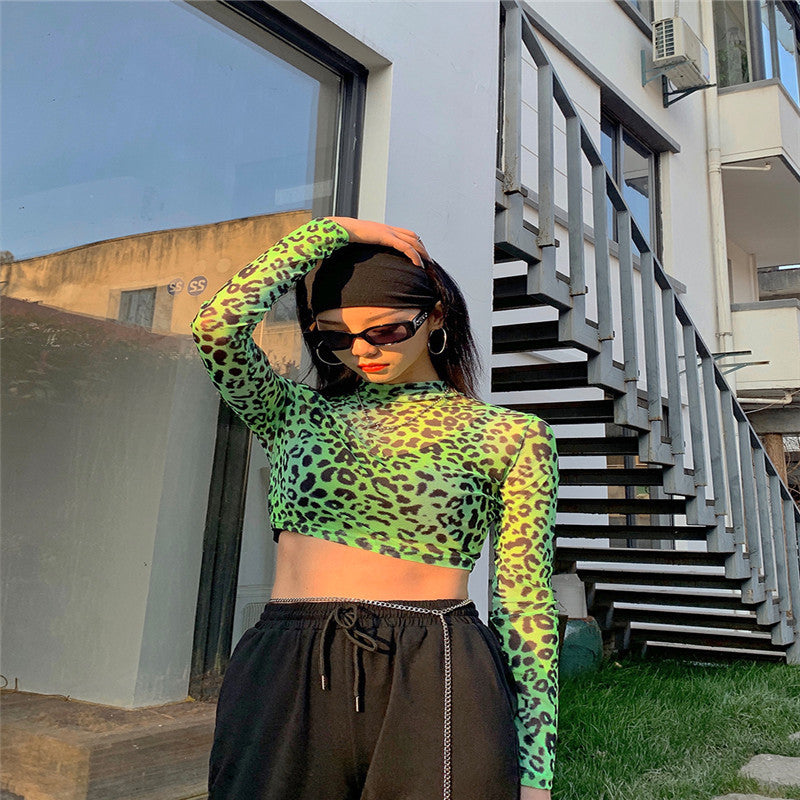 Tight fluorescent green leopard tulle sport's top