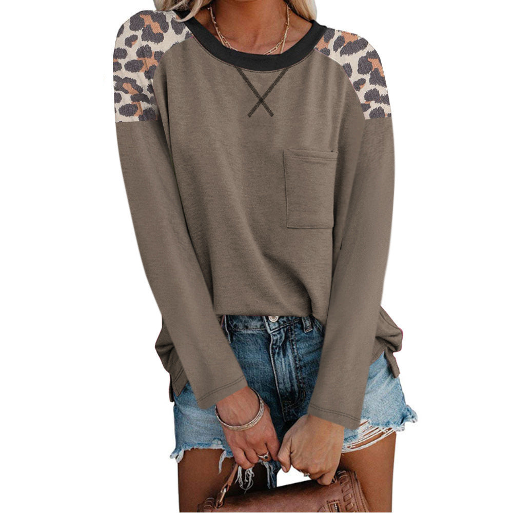 Autumn And Winter New Round Neck Leopard Print Stitching Pocket T-shirt Long Sleeves