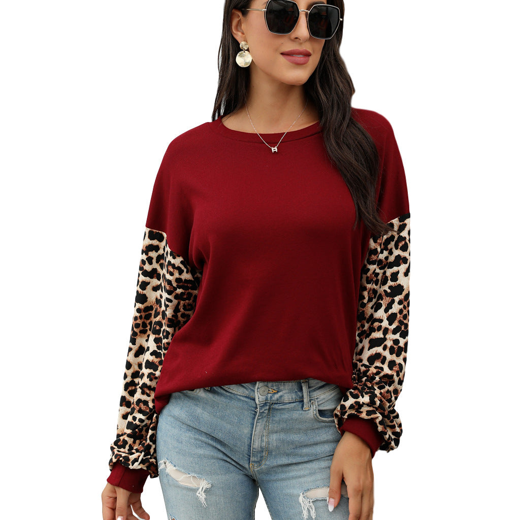 Rundhalsausschnitt Leopard Print Nähte T-Shirt Sweatshirt