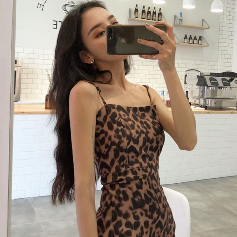 A-Line Skirt Temperament Leopard Print Fashion Strap Dress