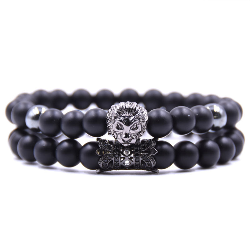 2 Stück Set von Beast King Lion Head Armband schwarz natürlichen matten Micro-inlaid Zirkon Paar Armband Set Herrenschmuck