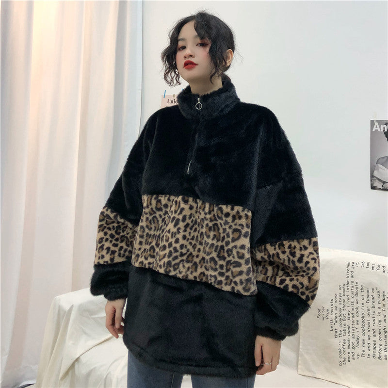 Leopard-patterned turtleneck zip warm sweatshirt