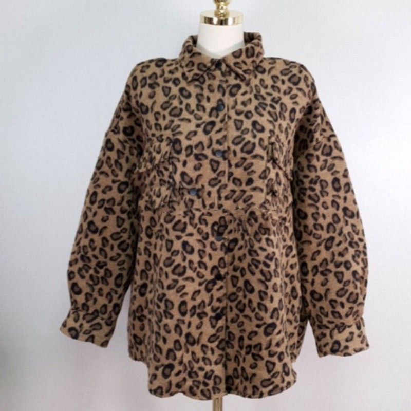 Autumn New Style Women's Woolen Shirt And Leopard Print Jacket