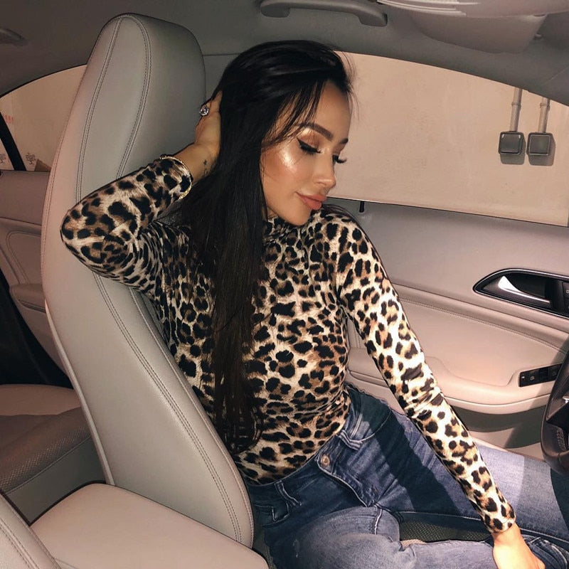 Sexy high collar leopard jumpsuit long-sleeved T-shirt female corset