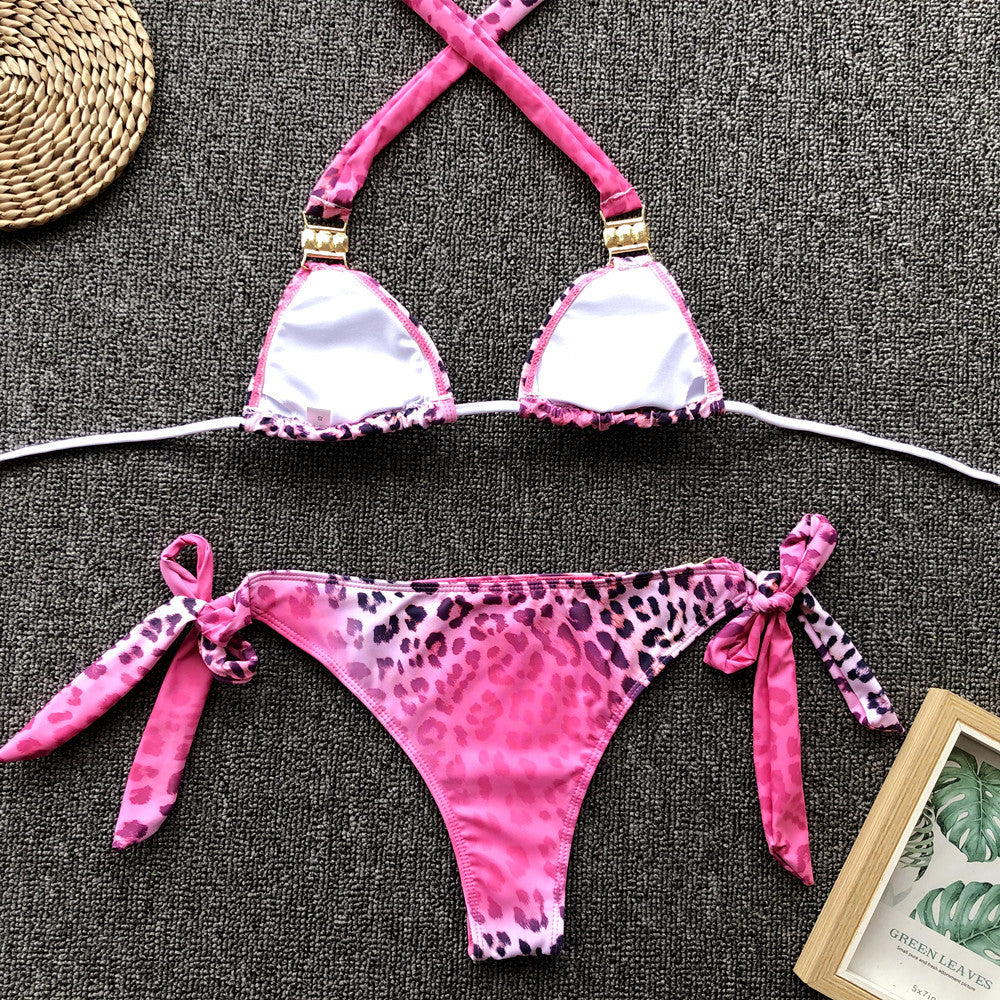 Pink Leopard Print Sexy Split Swimsuit