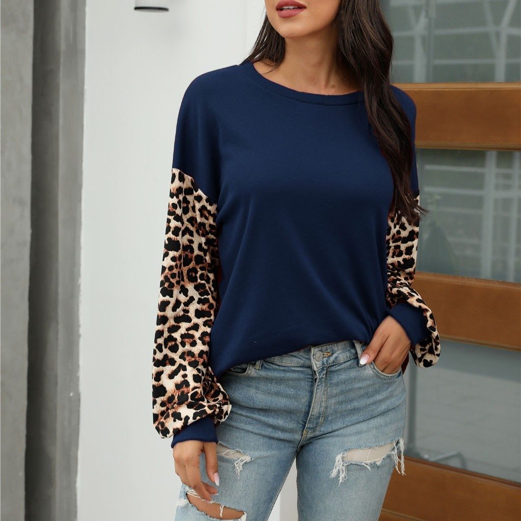 Rundhalsausschnitt Leopard Print Nähte T-Shirt Sweatshirt