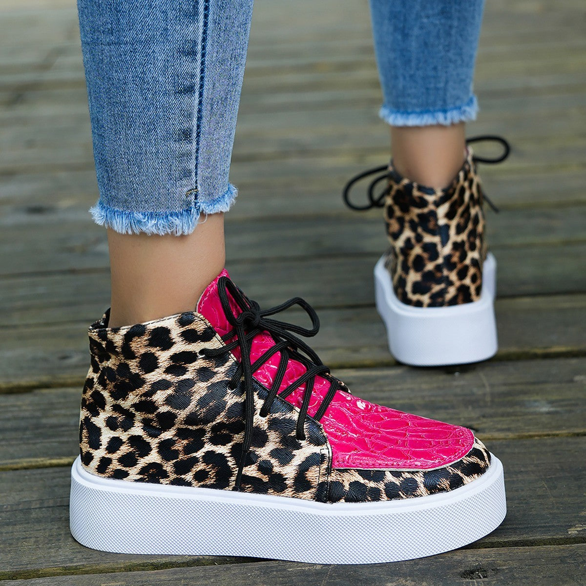 Herbst neue High-Top-Leoparden-Druck flach-Absatz-Plattform-Spitze Farbe Block Casual Frauen Schuhe