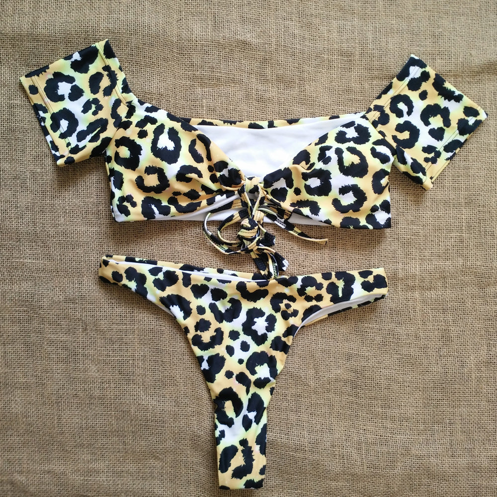 Leopard print strap tube set bikini swimsuit
