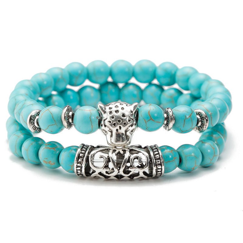 Achat Perlen Ornament Lava Vulkanstein Leopard Kopf Set Armband