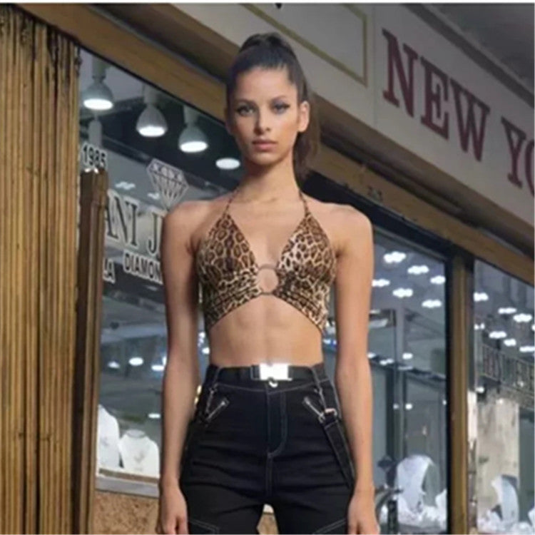 Spring and summer new short bodice European and American leopard sexy hanging neck strap ring navel bikini