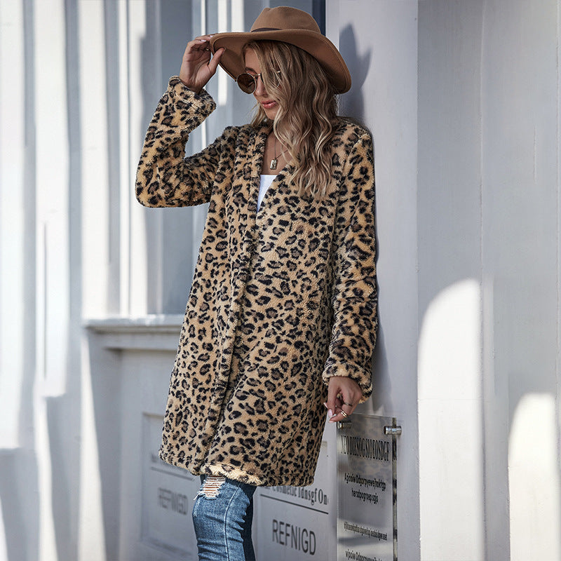 Ladies Leopard Print Open-front id-length coat